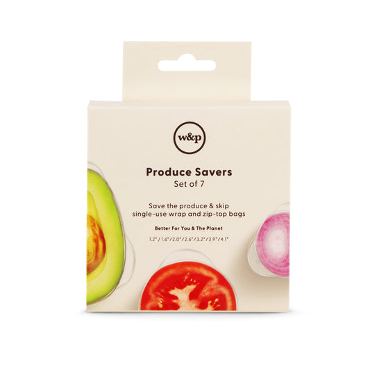 WP set of 7 reusable stretch produce savers packaging on white background