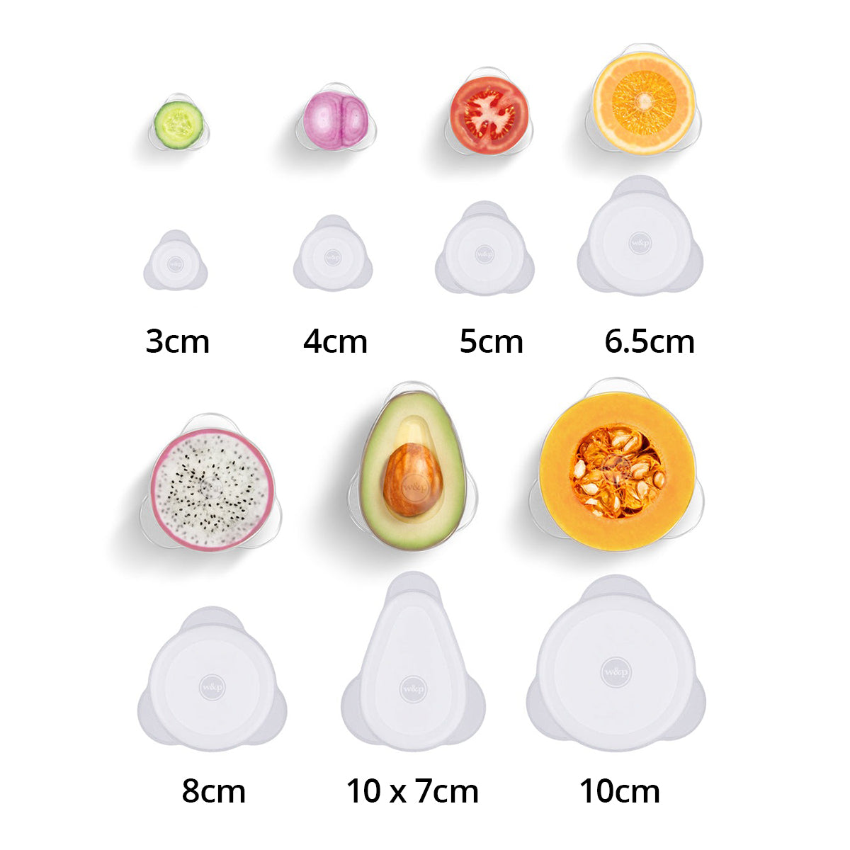 WP set of 7 reusable stretch produce savers with and without food and size references
