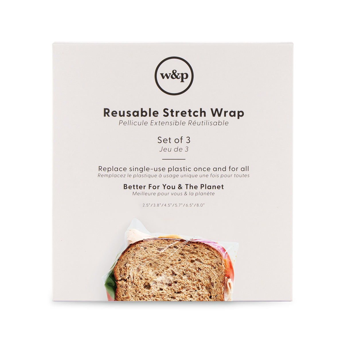 WP set of 3 reusable stretch wrap packaging on white background
