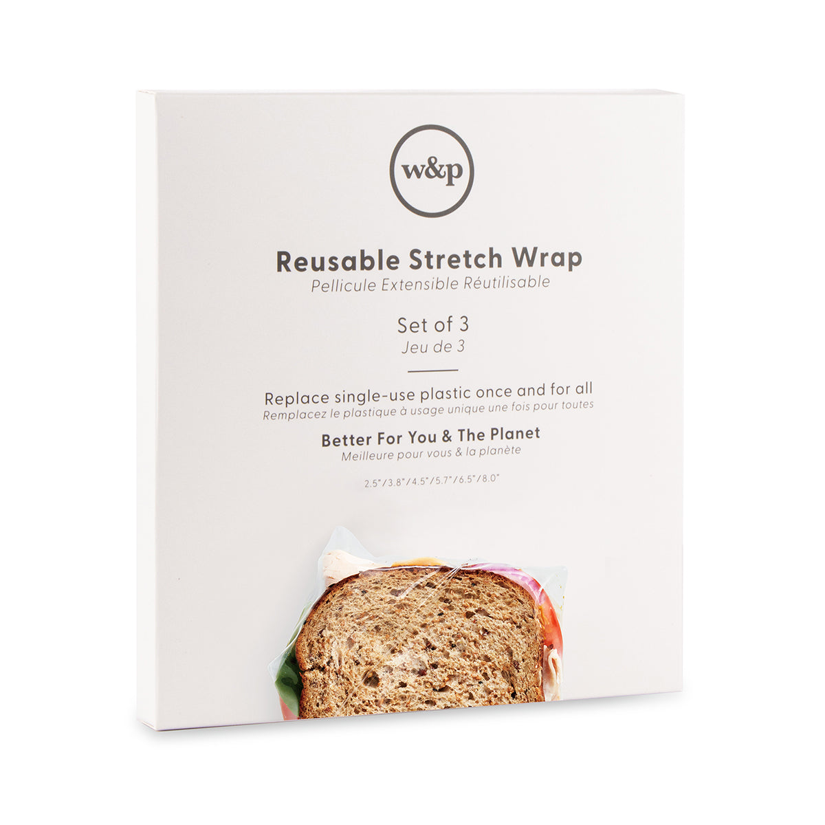 WP set of 3 reusable stretch wrap packaging on an angle on white background