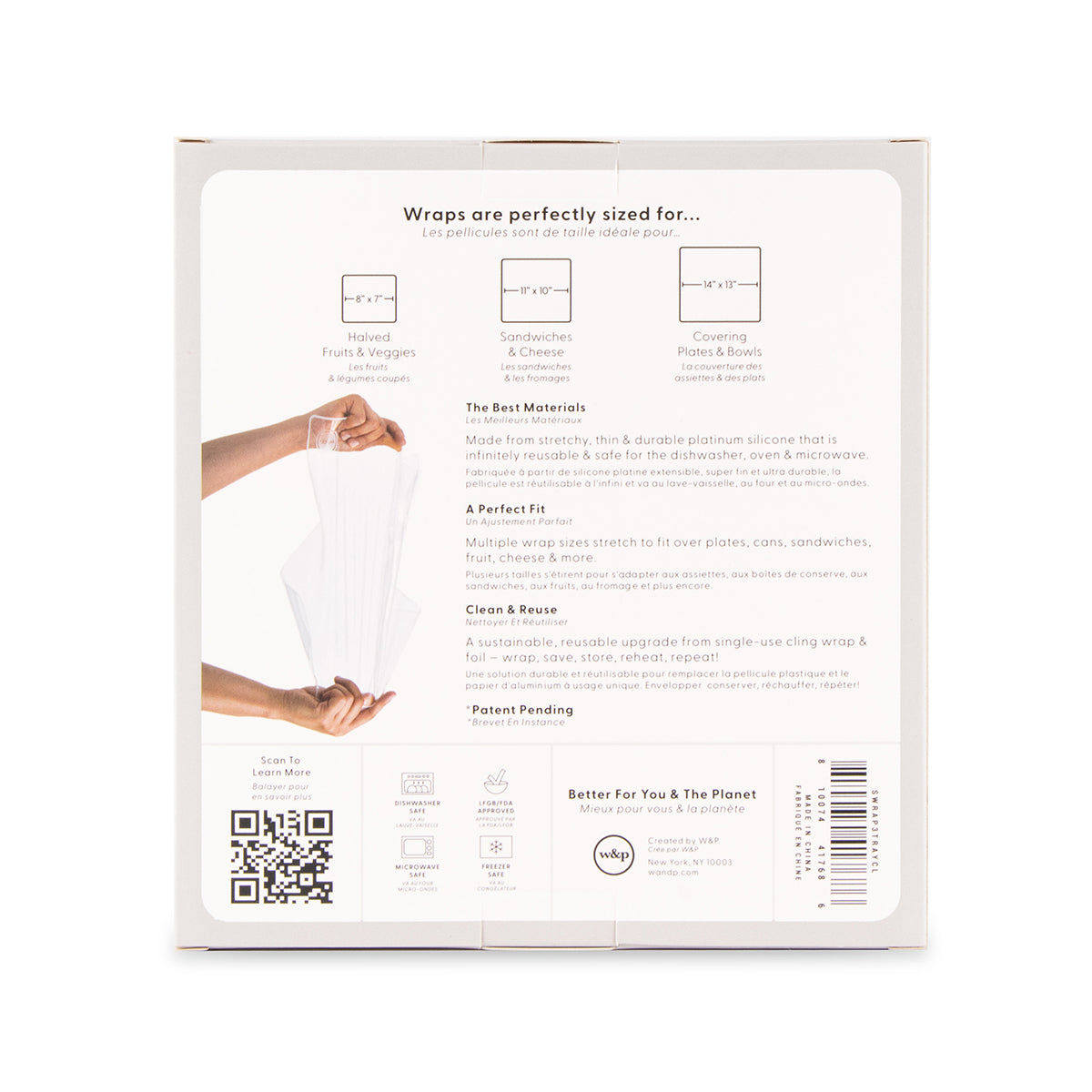 Reverse of WP set of 3 reusable stretch wrap packaging on white background
