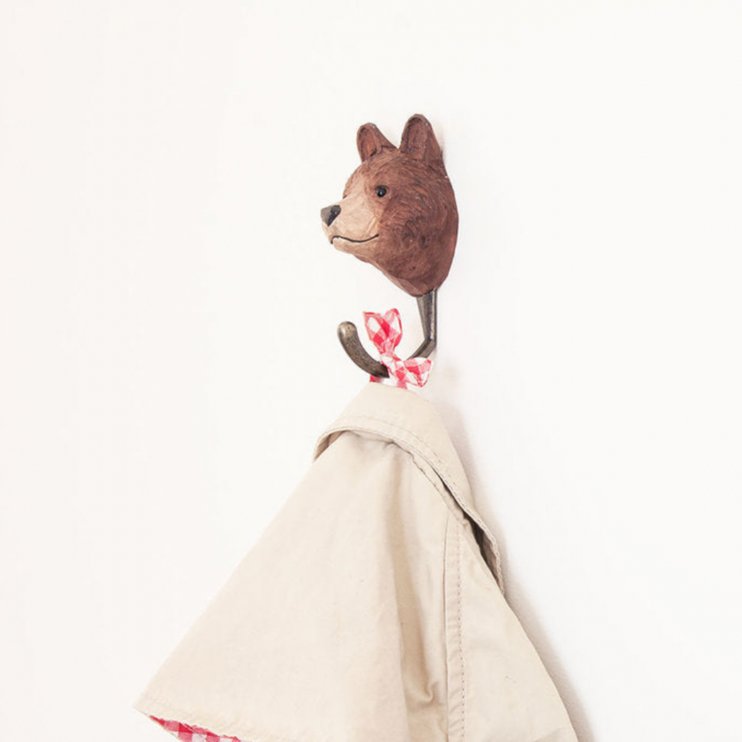 Wildlife Garden Wall Hook Brown Bear out of packaging diaplyed on wall hanging coat side view