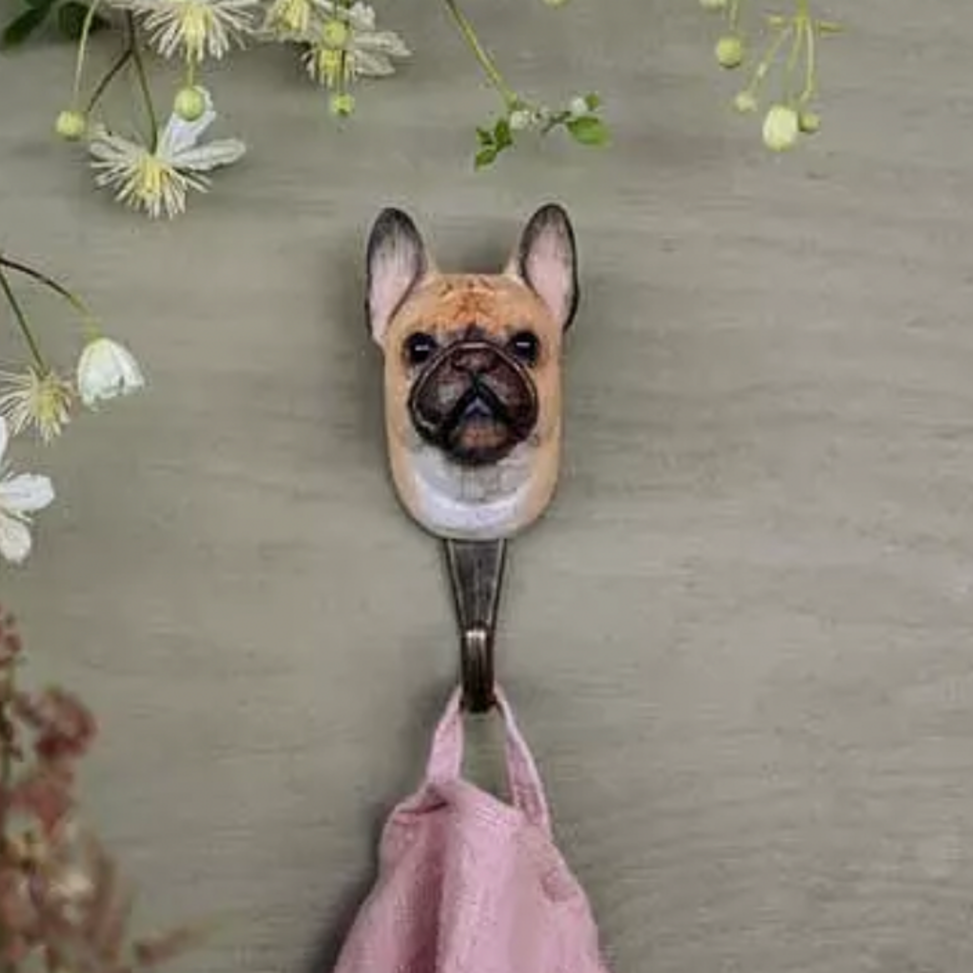 Wildlife Garden Wall Hook French Bulldog hung on wall with backpack on hook 