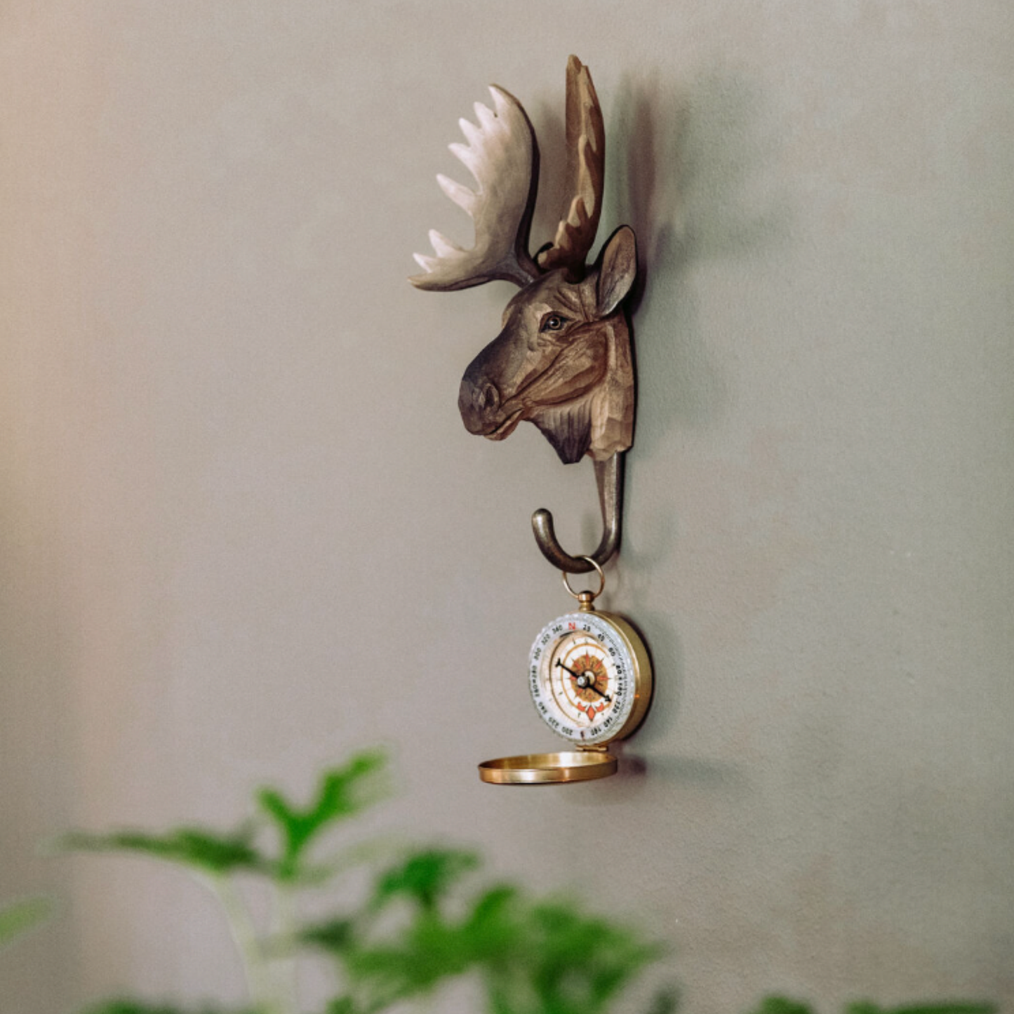 Wildlife Garden Wall Hook Moose on dsplay holding compass on wall