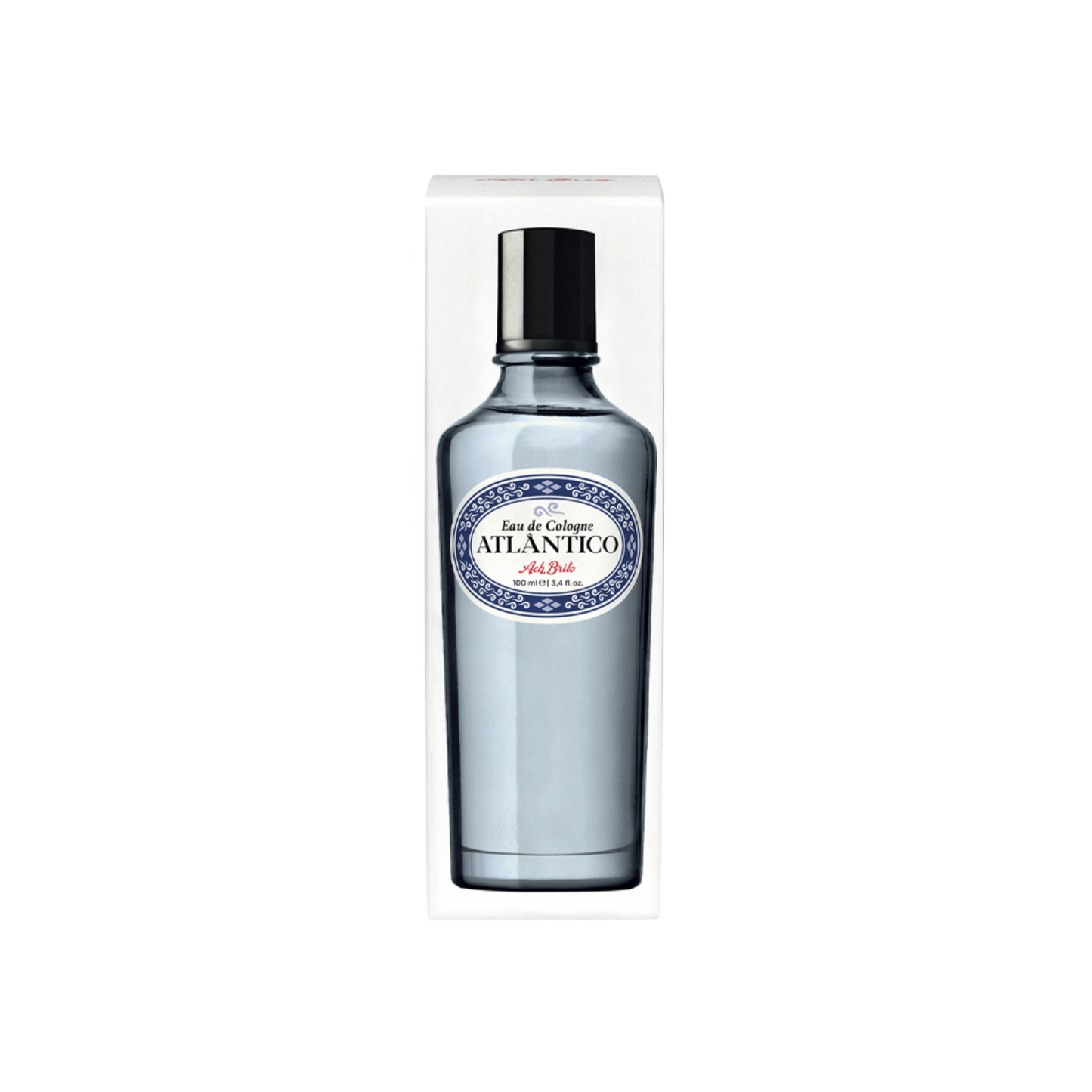 Showing with the packaging Ach Brito ATLANTICO Eau de Cologne 100ml Vap - Blue Fresh Ocean Fragrance - Citrus, Marine, and Woody Notes - Glass Bottle Material with Spray Feature, Refreshing Men's Perfume