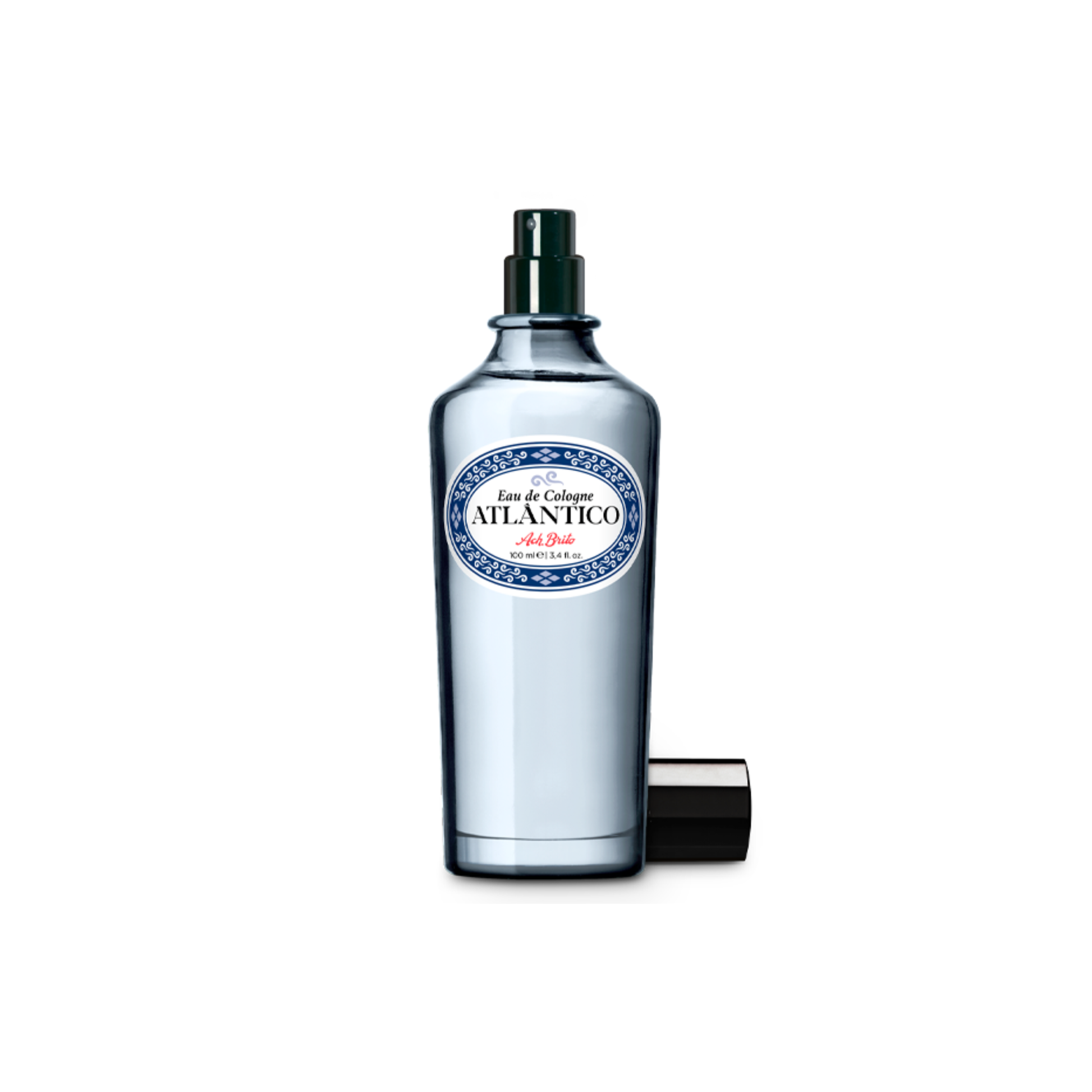 Open with cap Ach Brito ATLANTICO Eau de Cologne 100ml Vap - Blue Fresh Ocean Fragrance - Citrus, Marine, and Woody Notes - Glass Bottle Material with Spray Feature, Refreshing Men's Perfume