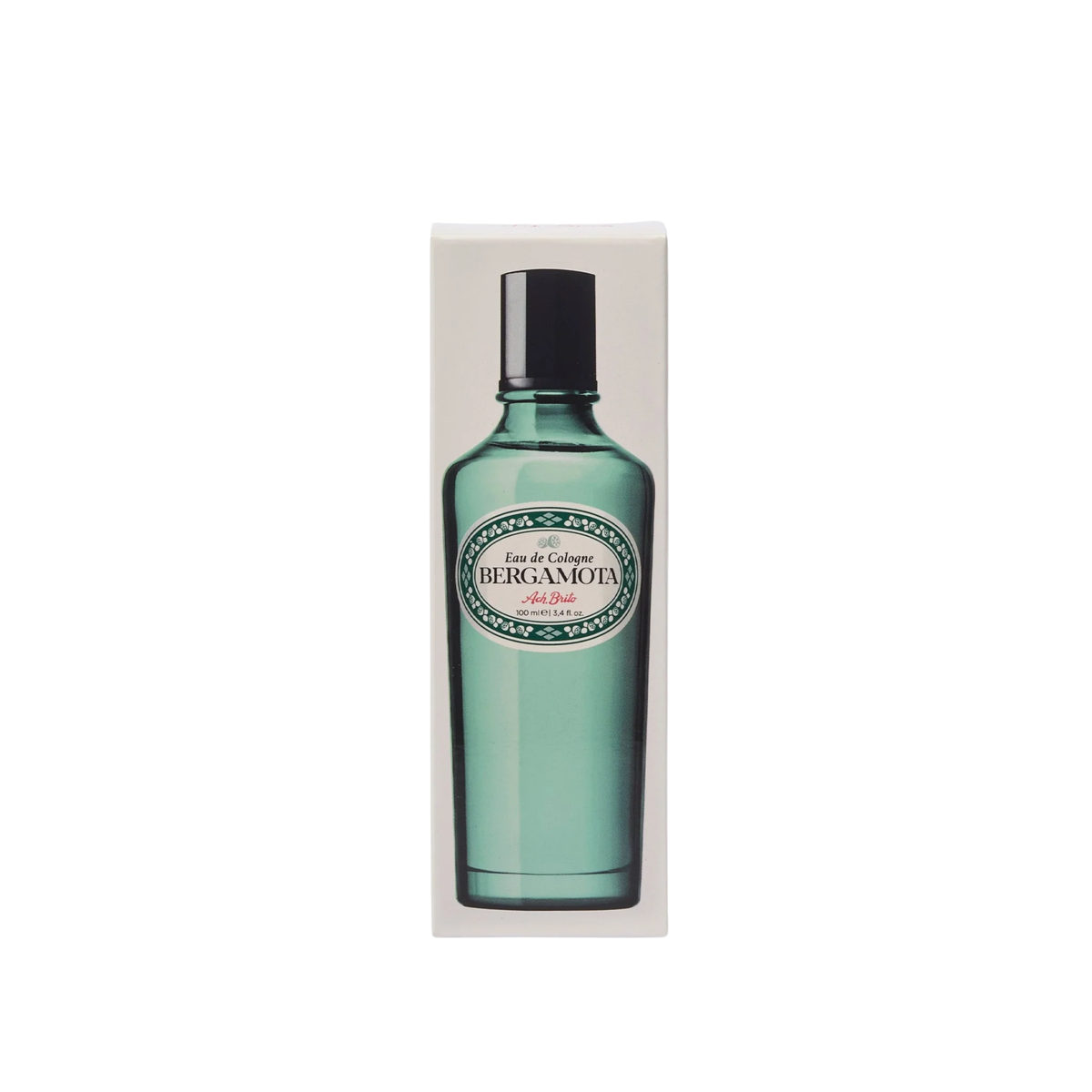 Front view of the packaging of Ach Brito Eau Cologne 100ml Bergamota Light Blue Green, Citrus and Woody Fragrance with Spray Nozzle.
