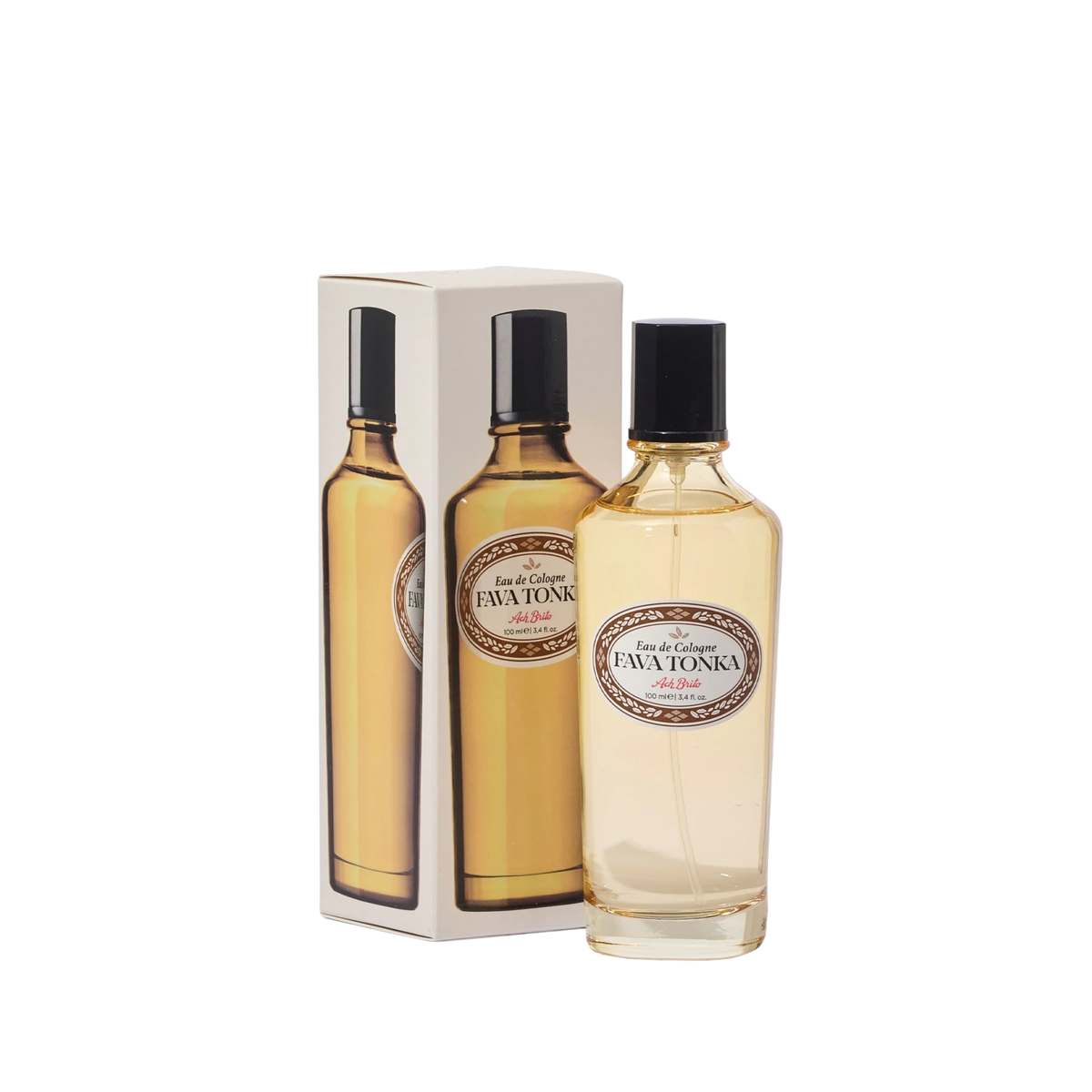 Packaging and the bottle of Ach Brito Eau Cologne 100ml Fava Tonka Light Yellow, Warm and Sweet Tonka Bean Fragrance with Spray Nozzle