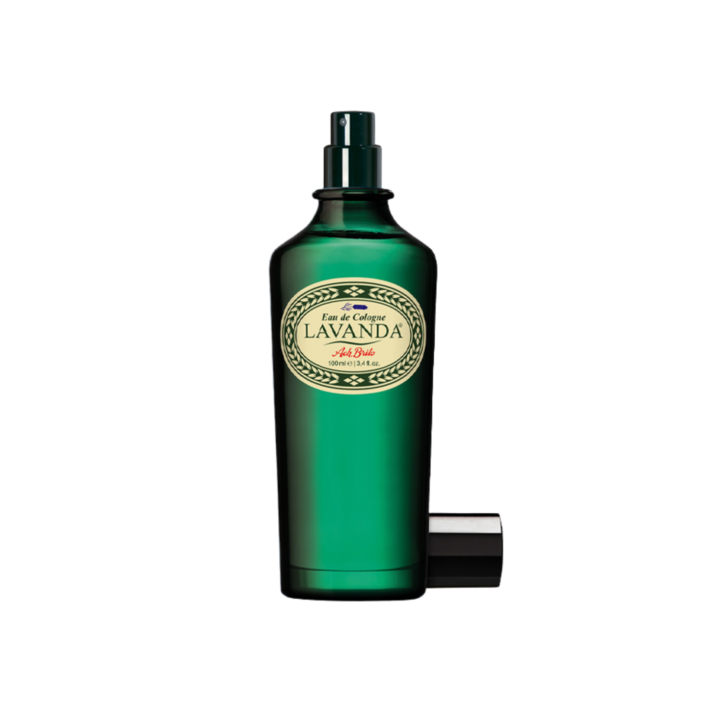 Packaging of Ach. Brito Lavanda eau de cologne green glass bottle with fresh unisex fragrance of lavender, eucalyptus, rosemary, orange, patchouli, and musk, 100ml anniversary edition made in Portugal.