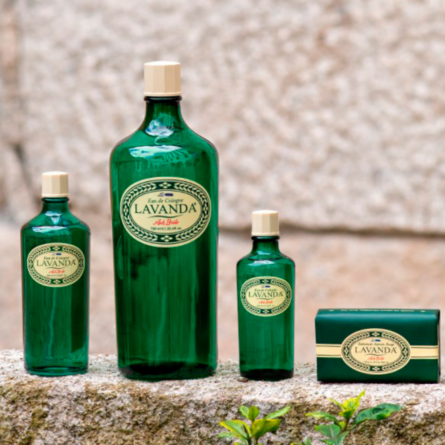 Open bottle and cap from Ach. Brito Lavanda eau de cologne green glass bottle with fresh unisex fragrance of lavender, eucalyptus, rosemary, orange, patchouli, and musk, 100ml anniversary edition made in Portugal.