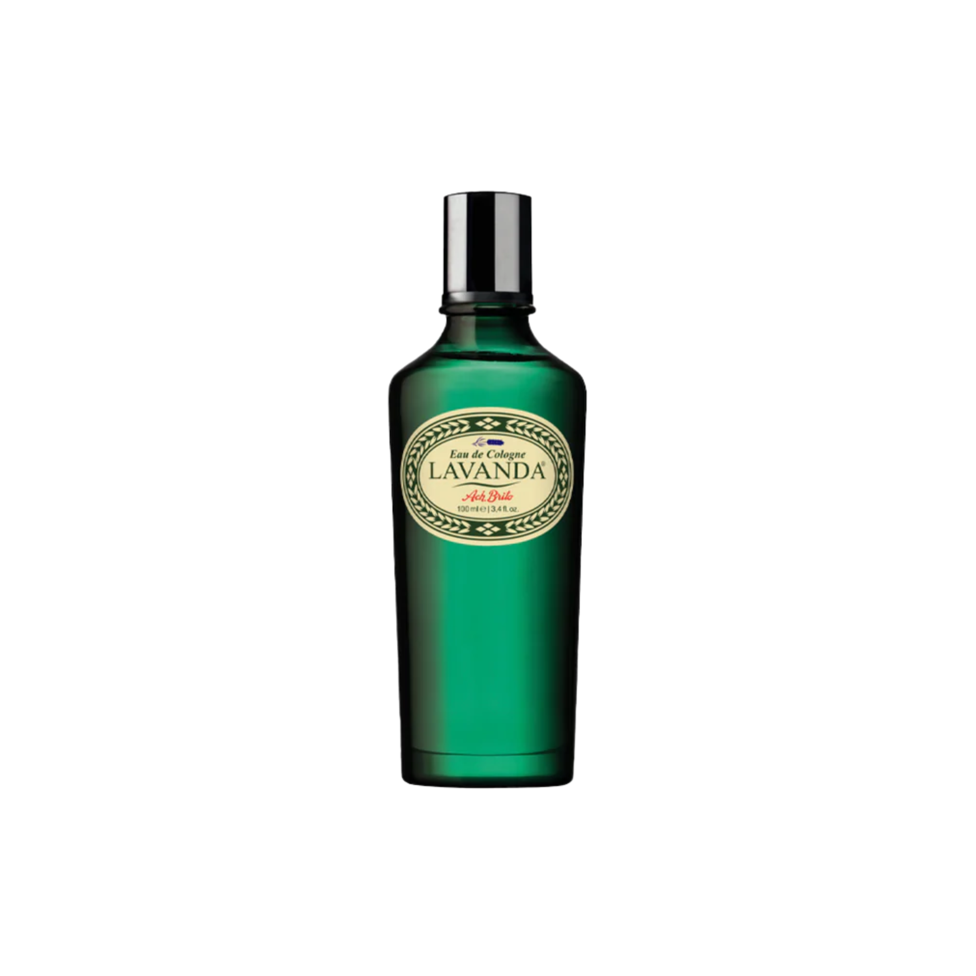 Ach. Brito Lavanda eau de cologne green glass bottle with fresh unisex fragrance of lavender, eucalyptus, rosemary, orange, patchouli, and musk, 100ml anniversary edition made in Portugal.