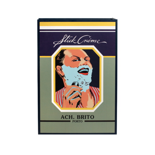 Packaging of Ach. Brito Lavanda Stick Creme Gift Box with vintage illustration containing soaps, shaving cream, shaving foam, and iconic green bottle lavender cologne, featuring aromatic unisex fragrance with lavender, eucalyptus, rosemary, orange, patchouli, and musk notes.