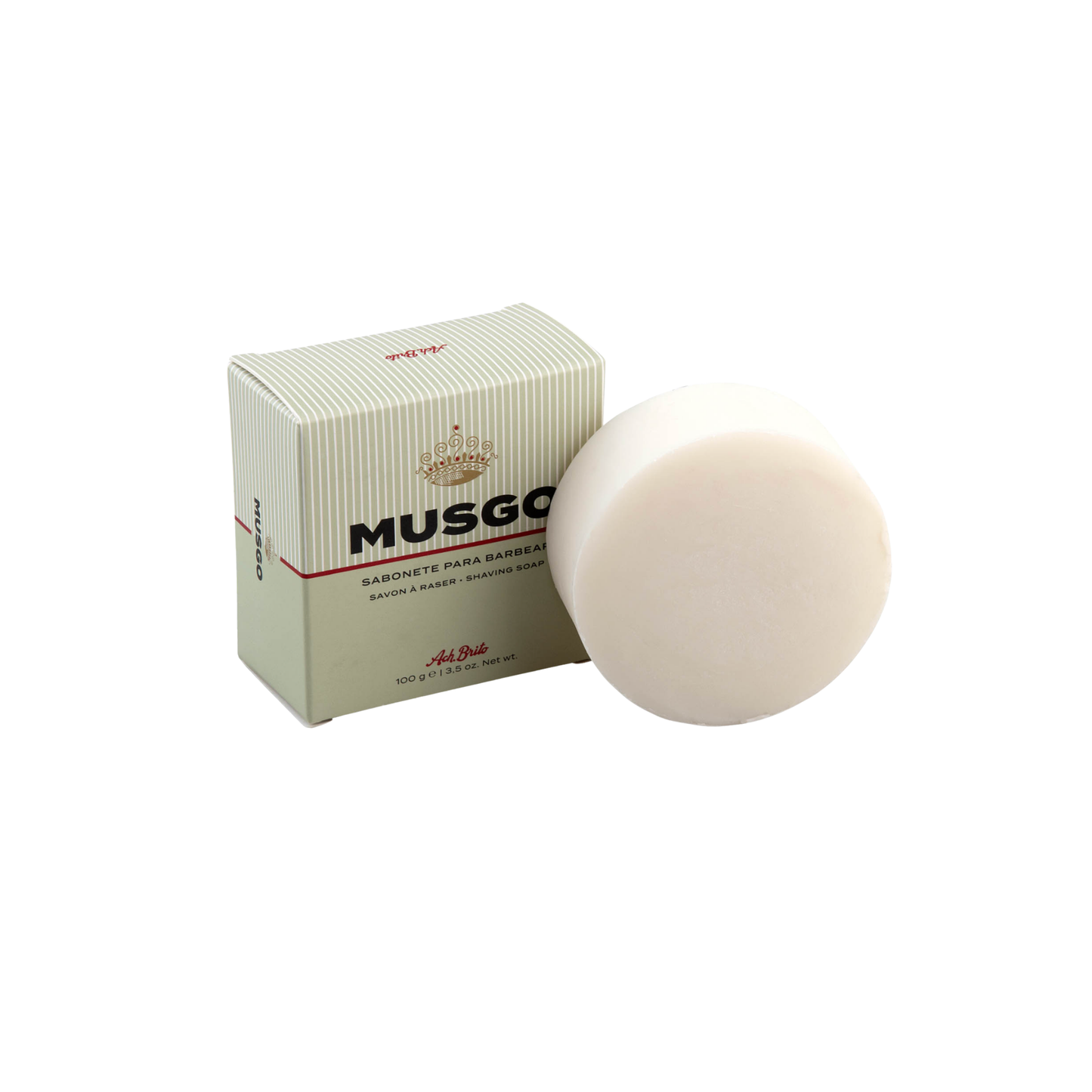 Ach Brito Musgo shaving soap 100g out of packaging with box front view