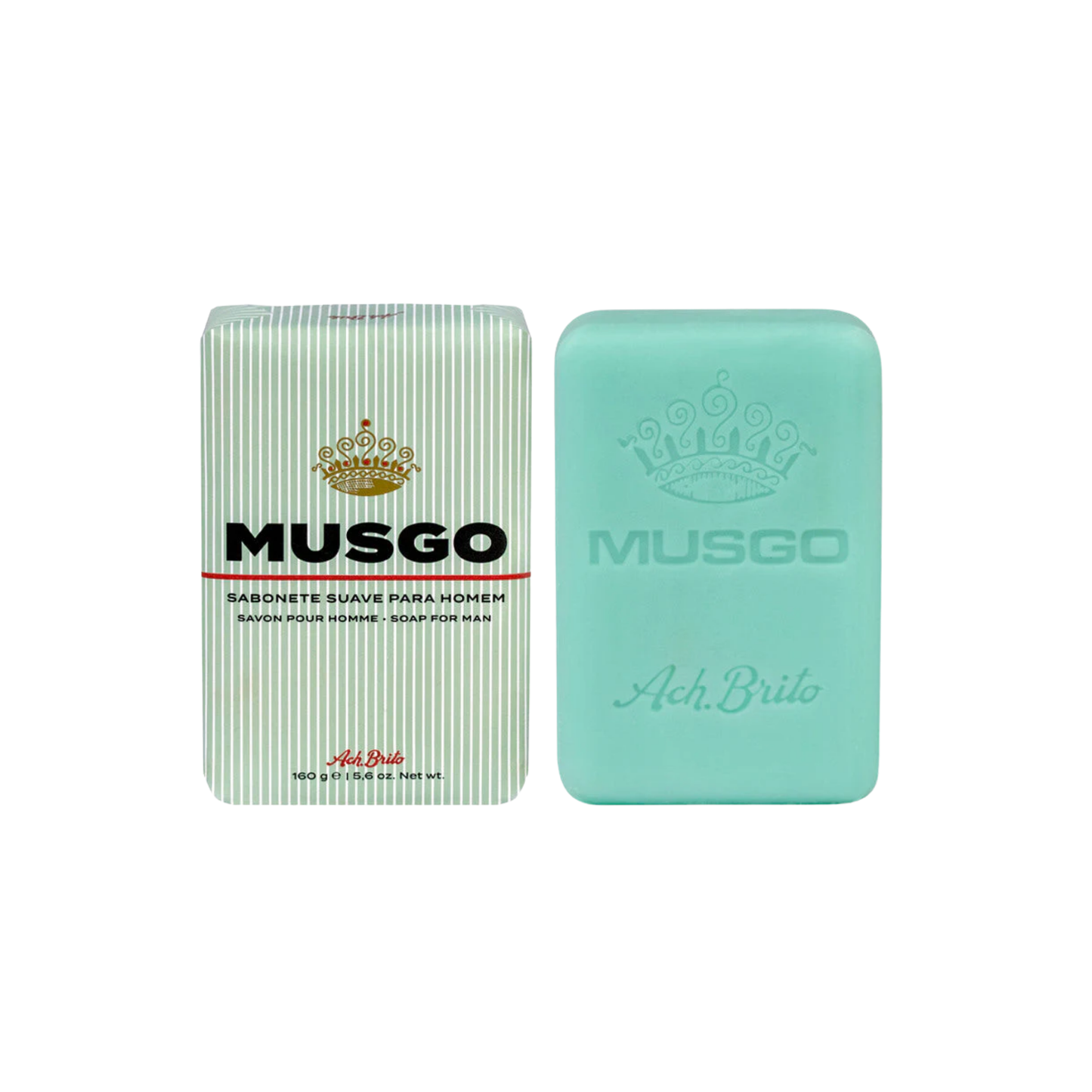 Ach Brito Musgo shaving sopa 160g in packaging wrapper and opened front view side by side