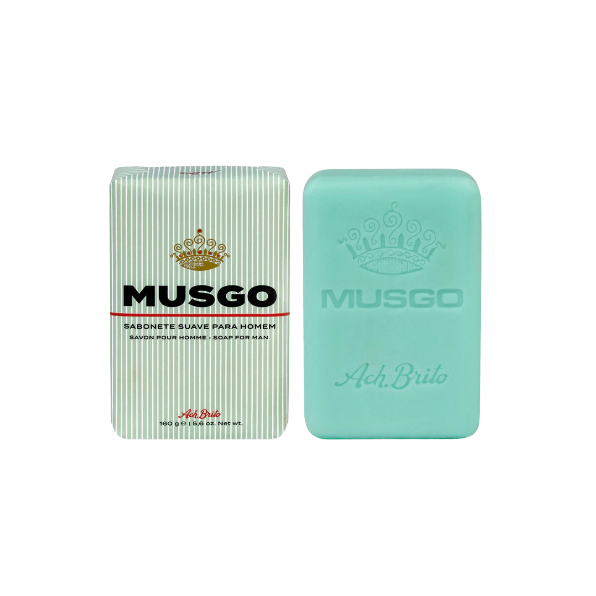 Ach Brito Musgo shaving sopa 160g in packaging wrapper and opened front view side by side