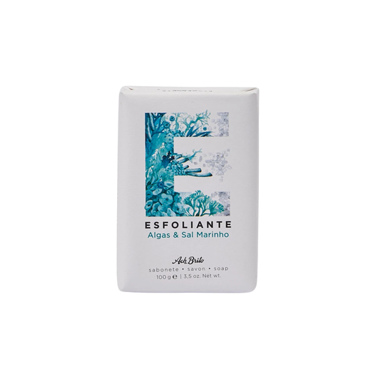 Front packaging view of Ach Brito SPA Exfoliating Soap Algae & Seasalt that is made with vegetable soap base, red algae that exfoliate the skin with light scent.