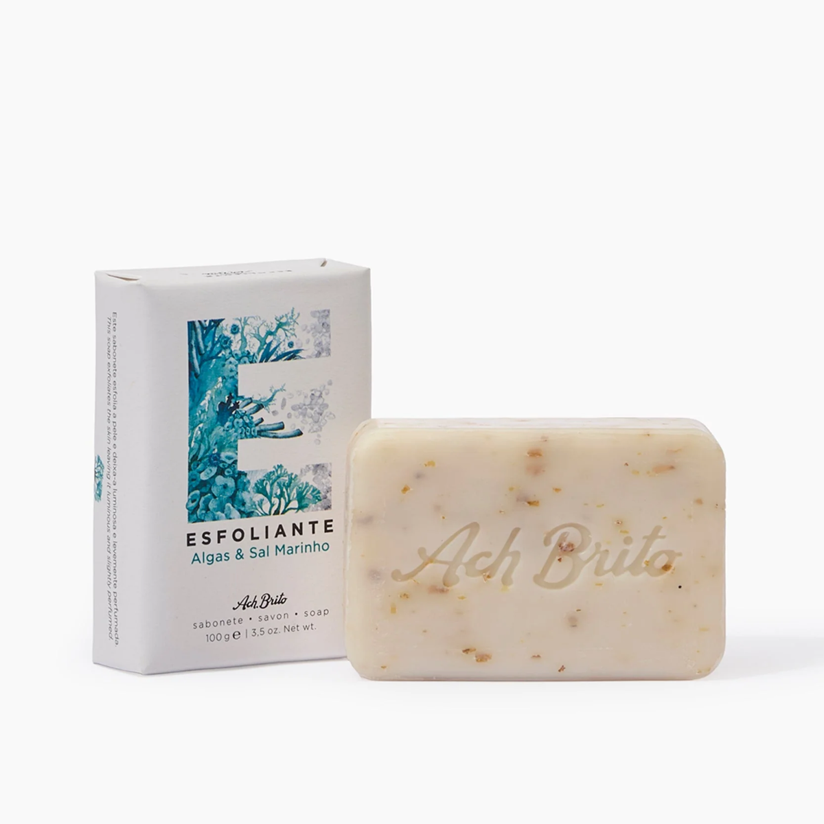 Packaging and the Ach Brito SPA Exfoliating Soap Algae & Seasalt that is made with vegetable soap base, red algae that exfoliate the skin with light scent.