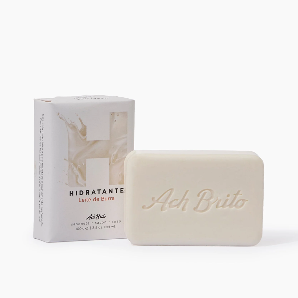 Packaging and the Ach Brito SPA Mosturizing Soap Donkey Milk made with vegetable soap base donkey milk that offers unique texture and comfort to the skin.