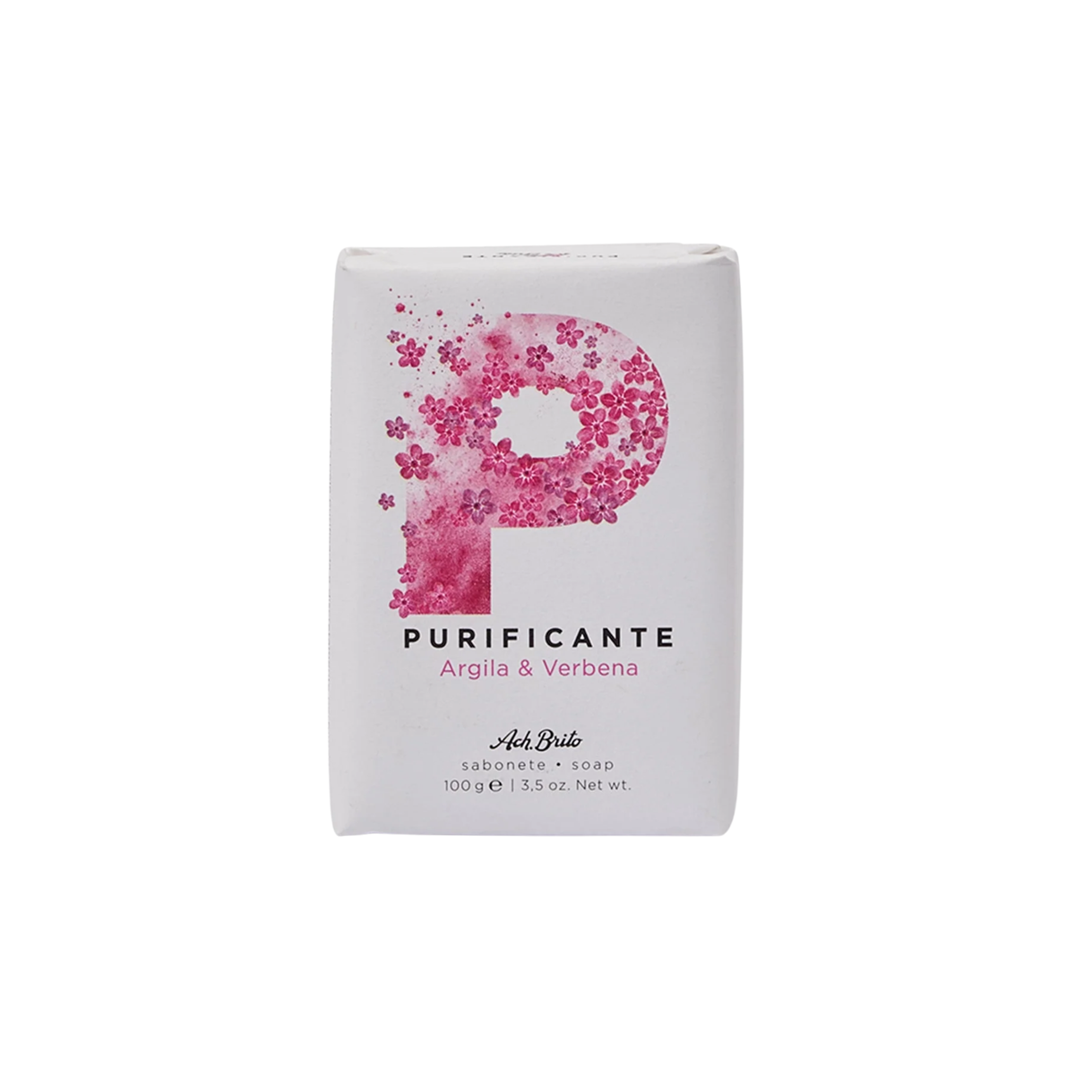 Front packaging view of Ach Brito SPA Purifying Soap Clay & Verbena made with vegetable soap base, green clay that offers deep cleansing with floral scent.