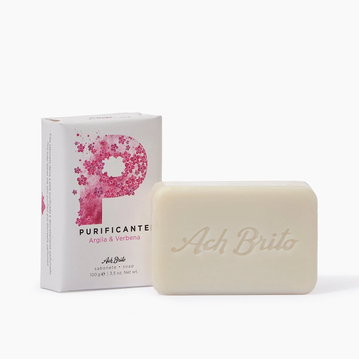 Packaging and the Ach Brito SPA Purifying Soap Clay & Verbena made with vegetable soap base, green clay that offers deep cleansing with floral scent.