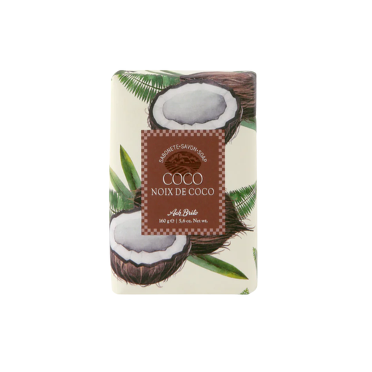 Packaging of Ach. Brito Vegetable Soap 160g, coconut-scented white bar made with a vegetable base, produces creamy lather, eco-friendly, suitable for daily bath or kitchen hand hygiene.
