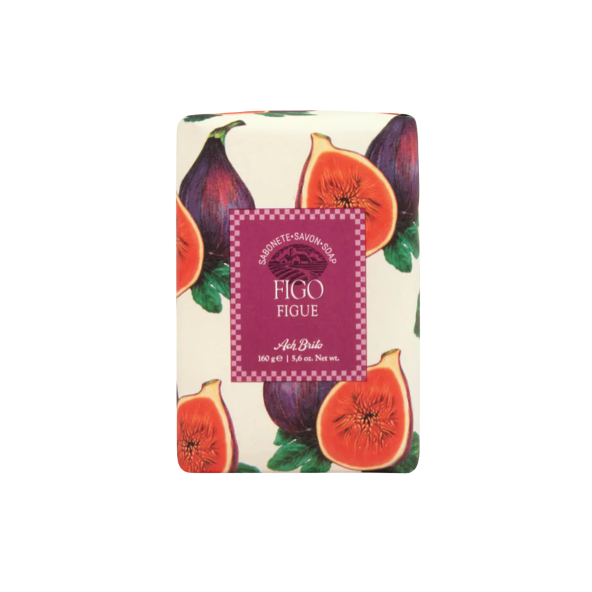 Packaging of Ach. Brito Vegetable Soap 160g, fig-scented light beige bar made with a vegetable base and sweet almond oil, produces creamy lather, eco-friendly, suitable for daily bath or kitchen hand hygiene.