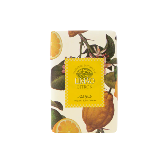 Packaging of Ach. Brito Vegetable Soap 160g, light yellow lemon-scented bar made with a vegetable base, creates creamy lather, eco-friendly, ideal for daily bath or kitchen hand hygiene.