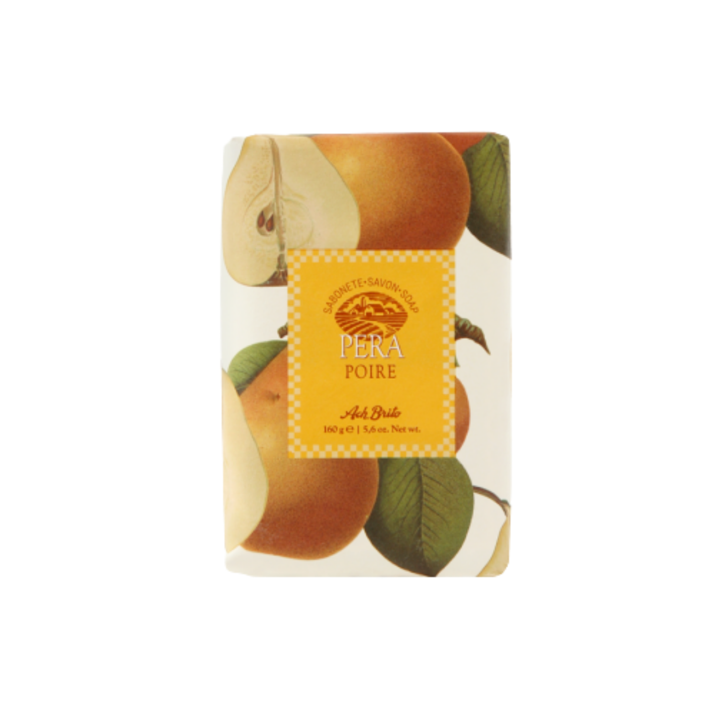 Ach. Brito Vegetable Soap 160g, light cream pear-scented bar made with a vegetable base, produces creamy lather, eco-friendly, ideal for daily bath or kitchen hand hygiene.