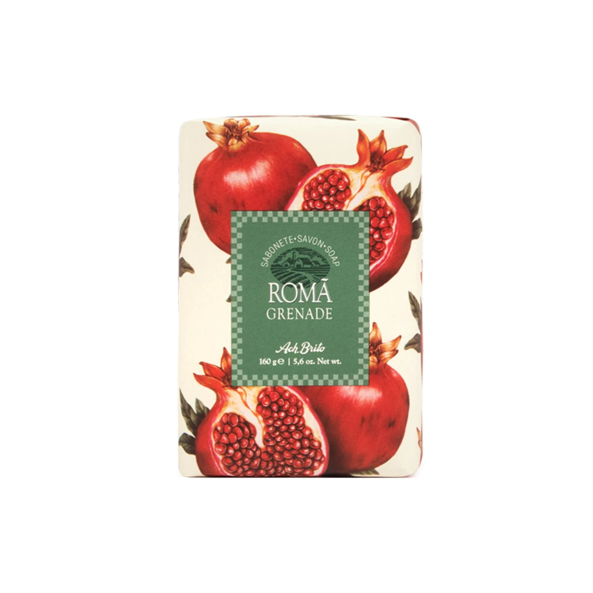Ach. Brito Vegetable Soap 160g, soft pink pomegranate-scented bar made with a vegetable base and sweet almond oil, produces creamy lather, eco-friendly, perfect for daily bath or kitchen hand washing.