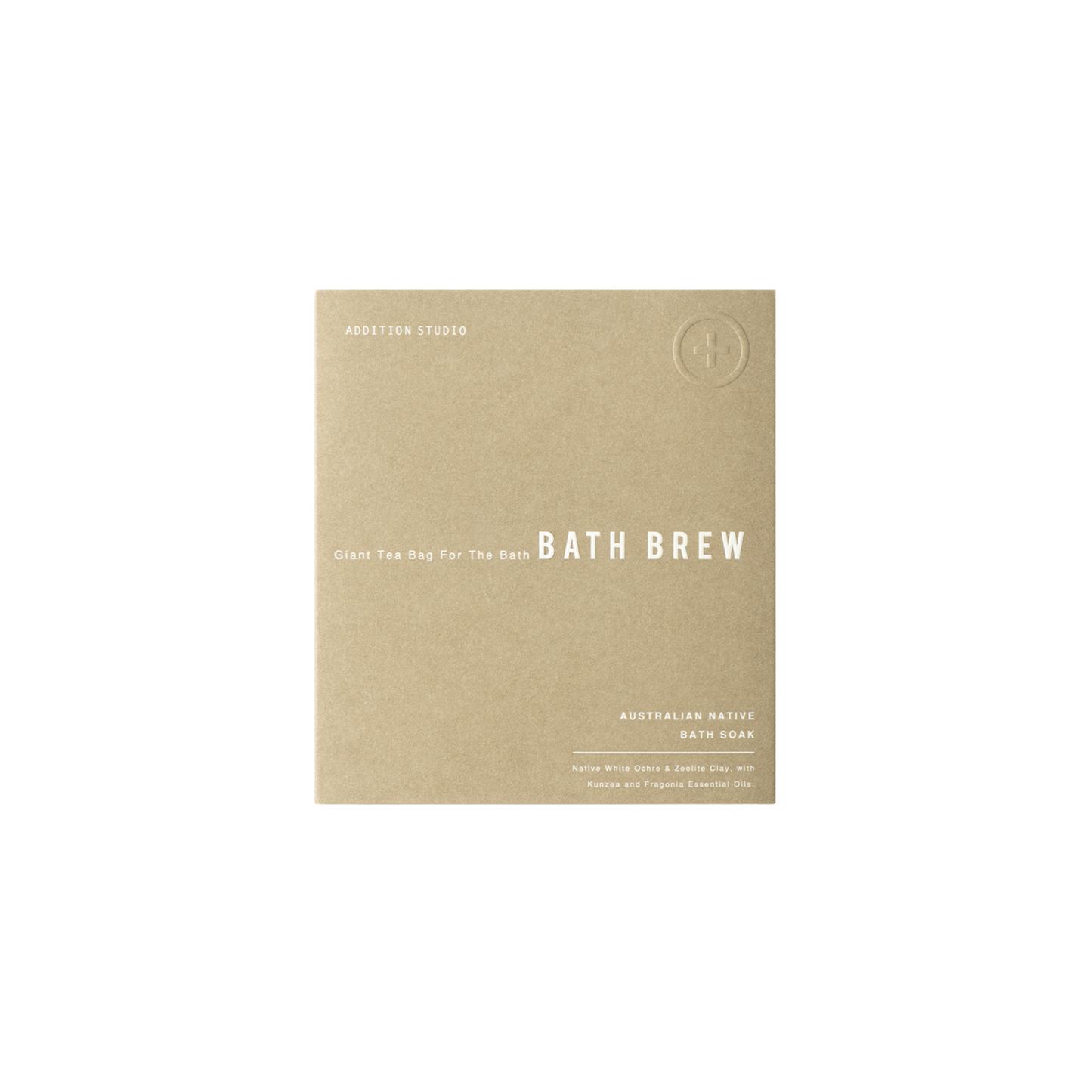 Packaging of the Addition Studio Bath Brew - Australian Native: Made with Australian white ochre to protect skin, zeolite clay, and kunzea.