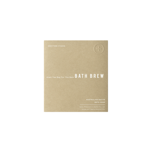 Packaging of the Addition Studio Bath Brew - Australian Native: Made with Australian white ochre to protect skin, zeolite clay, and kunzea.