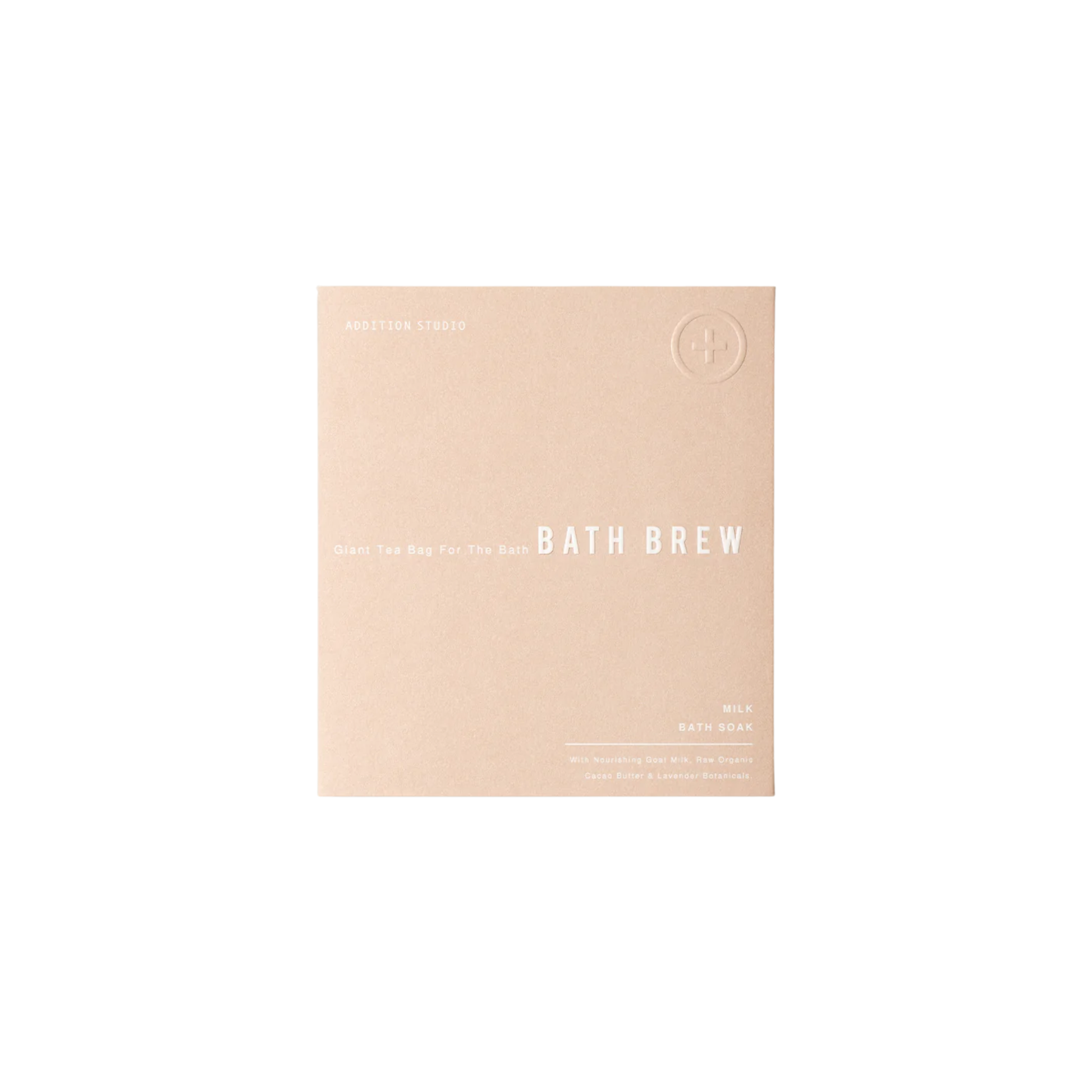 Packaging of the Addition Studio Bath Brew Milk 75g with Epsom salt for relaxation, goats milk, raw organic cocoa butter and lavender scent.