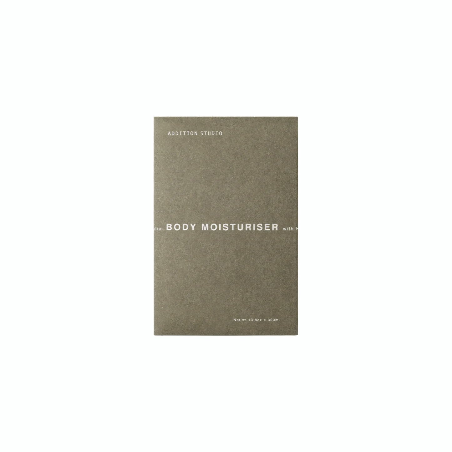 Box packaging of the Addition studio Body Moisturizer 390ml, Beige, Scented with all-natural ingredients, Vegan, plant-based formulation that helps strengthen the skin, hydration and softens it.