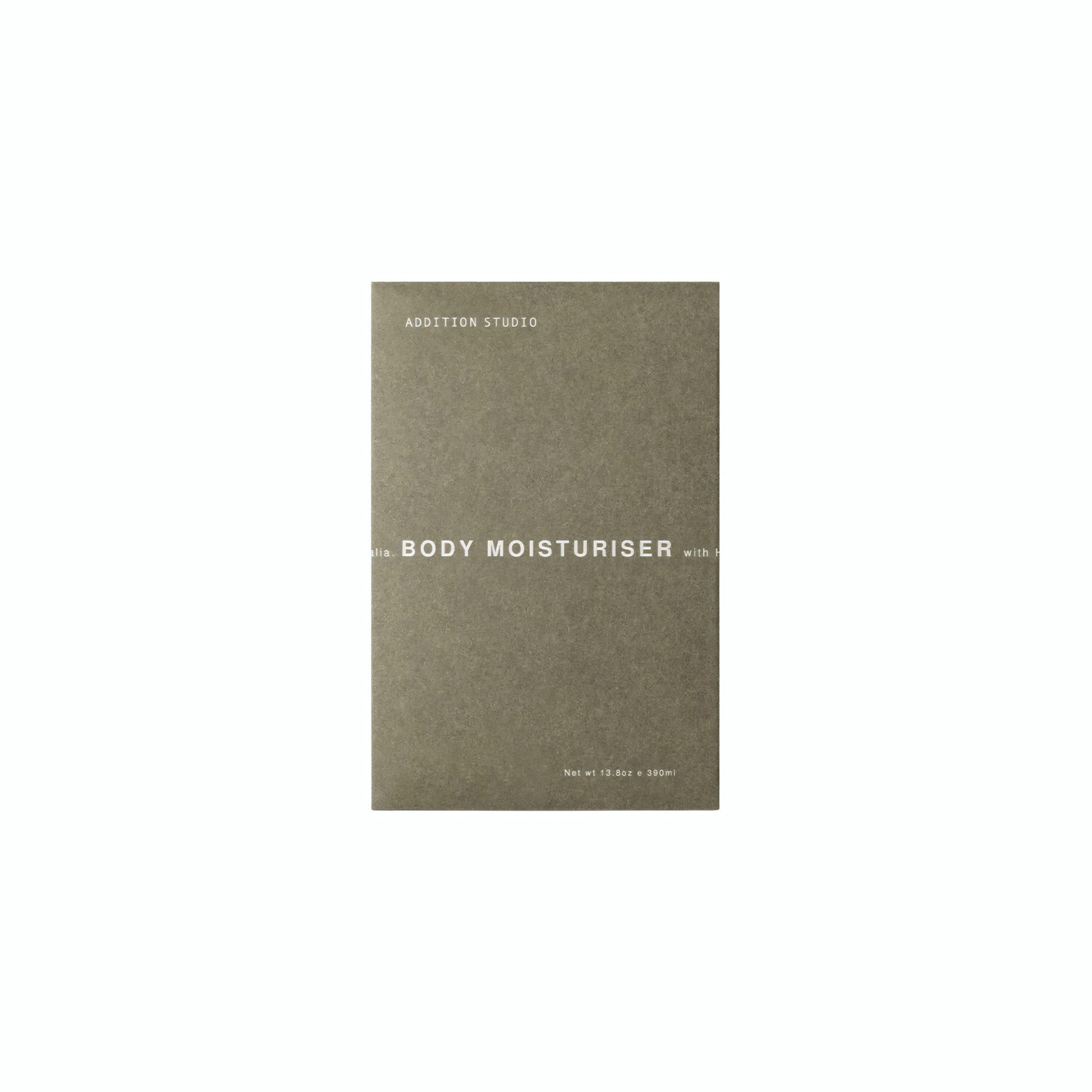 Box packaging of the Addition studio Body Moisturizer 390ml, Beige, Scented with all-natural ingredients, Vegan, plant-based formulation that helps strengthen the skin, hydration and softens it.