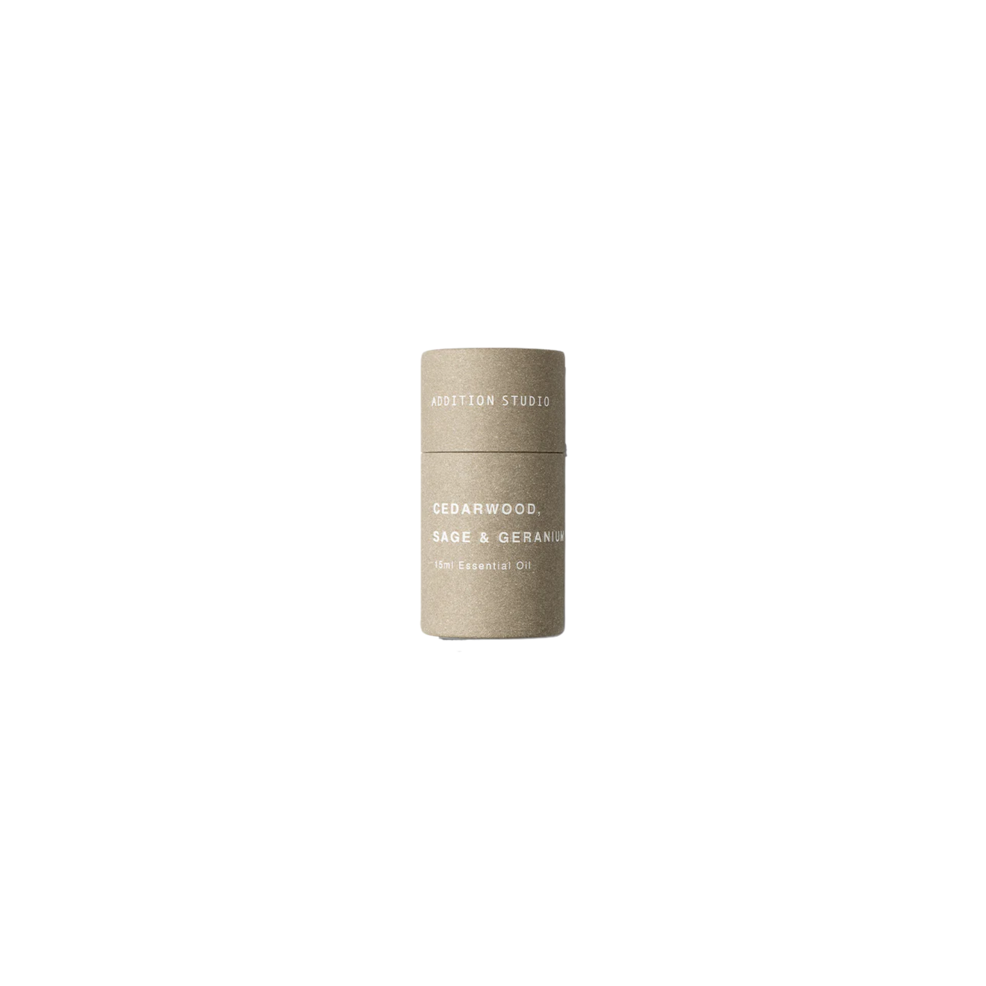 Addition Studios cedarwood sage geranium essential oil in packaging