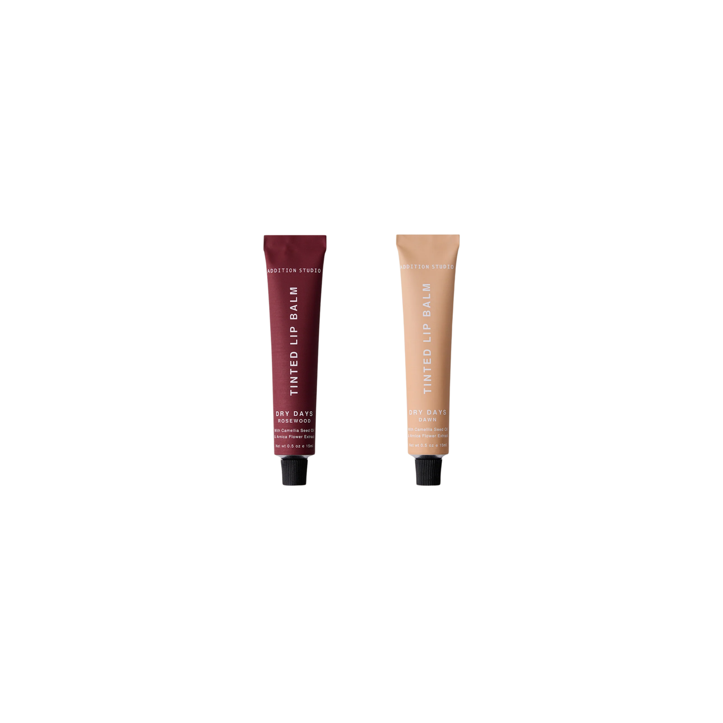 Addition Studio Get Lippy Set: Dawn and Rosewood tinted lip balms made with camellia seed oil for hydration, nourishment, and improved skin elasticity, with arnica flower extract.
