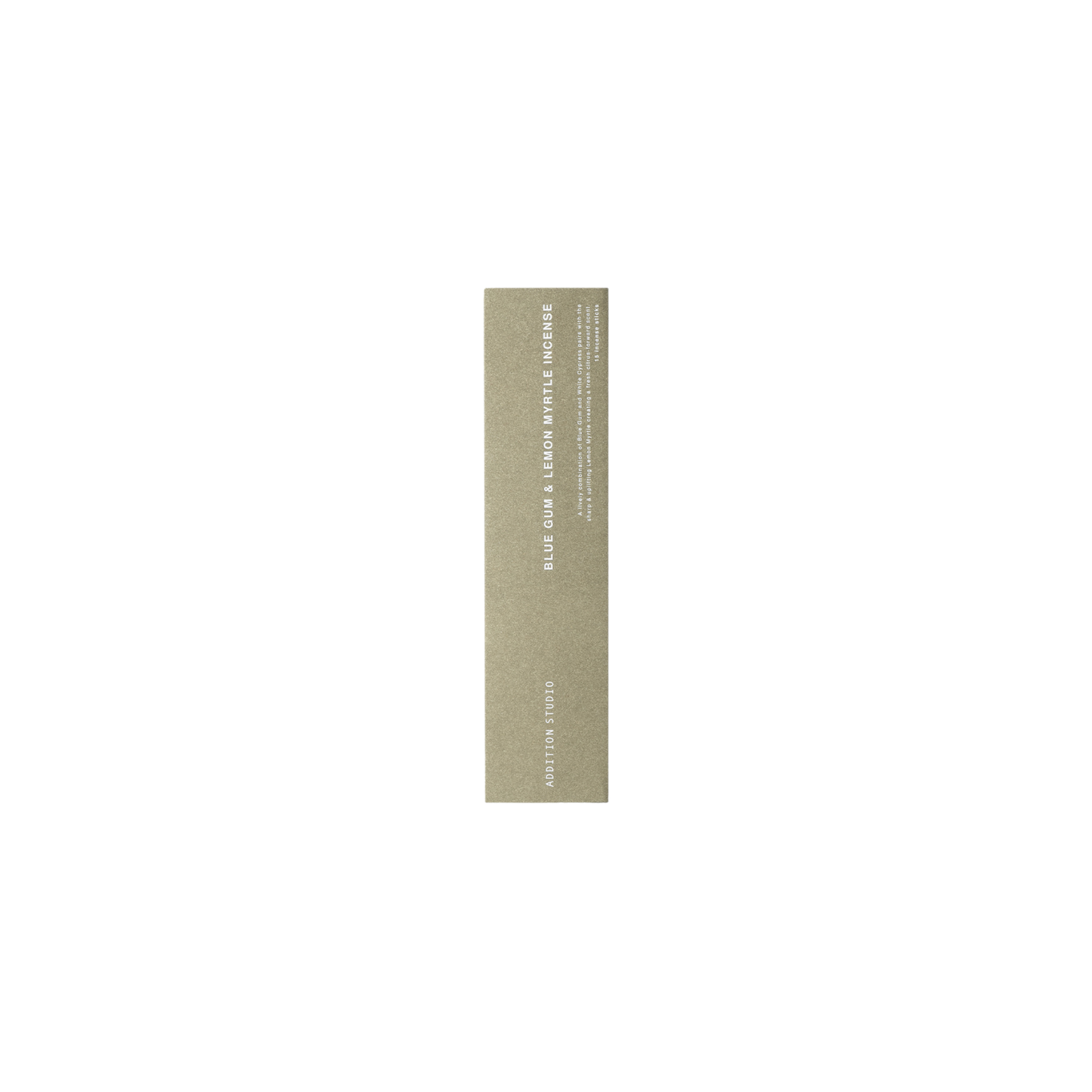 Box packaging of Addition Studio Incense Refill Blue Gum & Lemon Myrtle, a 15 stick incense in a green box with fresh blend of rosalina, may chang, atlas cedarwood, and white cypress.