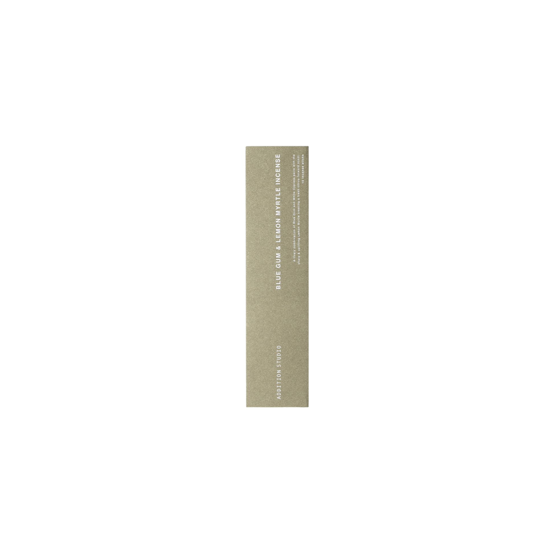 Box packaging of Addition Studio Incense Refill Blue Gum & Lemon Myrtle, a 15 stick incense in a green box with fresh blend of rosalina, may chang, atlas cedarwood, and white cypress.