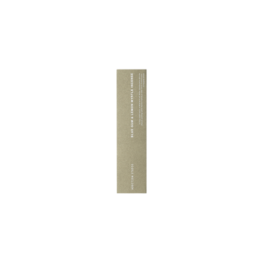 Box packaging of Addition Studio Incense Refill Blue Gum & Lemon Myrtle, a 15 stick incense in a green box with fresh blend of rosalina, may chang, atlas cedarwood, and white cypress.