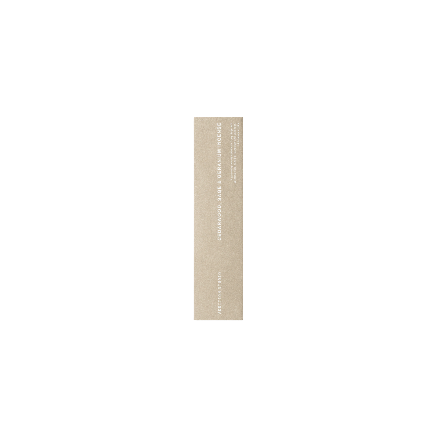 Box of the Addition Studio Incense Refill Cedarwood, Sage & Geranium, a 15 stick incense in a beige box, blended with cedar, geranium, lavandin, clary sage, Roman chamomile, and spearmint essential oils. .