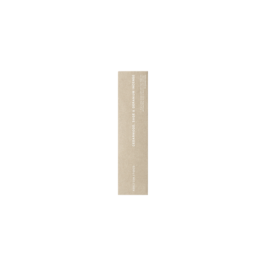 Box of the Addition Studio Incense Refill Cedarwood, Sage & Geranium, a 15 stick incense in a beige box, blended with cedar, geranium, lavandin, clary sage, Roman chamomile, and spearmint essential oils. .