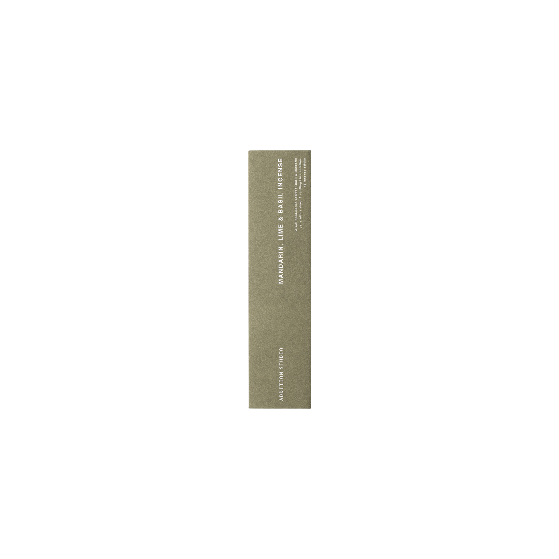 Box packaging of the Addition Studio Incense Refill Mandarin, Lime & Basil: a 15 incense stick in a box, with a blend of mandarin, sandalwood, lime, basil, and aniseed essential oils.