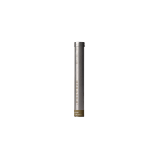 Addition Studio Incense Set Blue Gum & Lemon Myrtle with Holder in an aluminum tube: a 15 incense stick blended with lemon myrtle, blue gum eucalyptus, rosalina, may chang, atlas cedarwood, and white cypress.