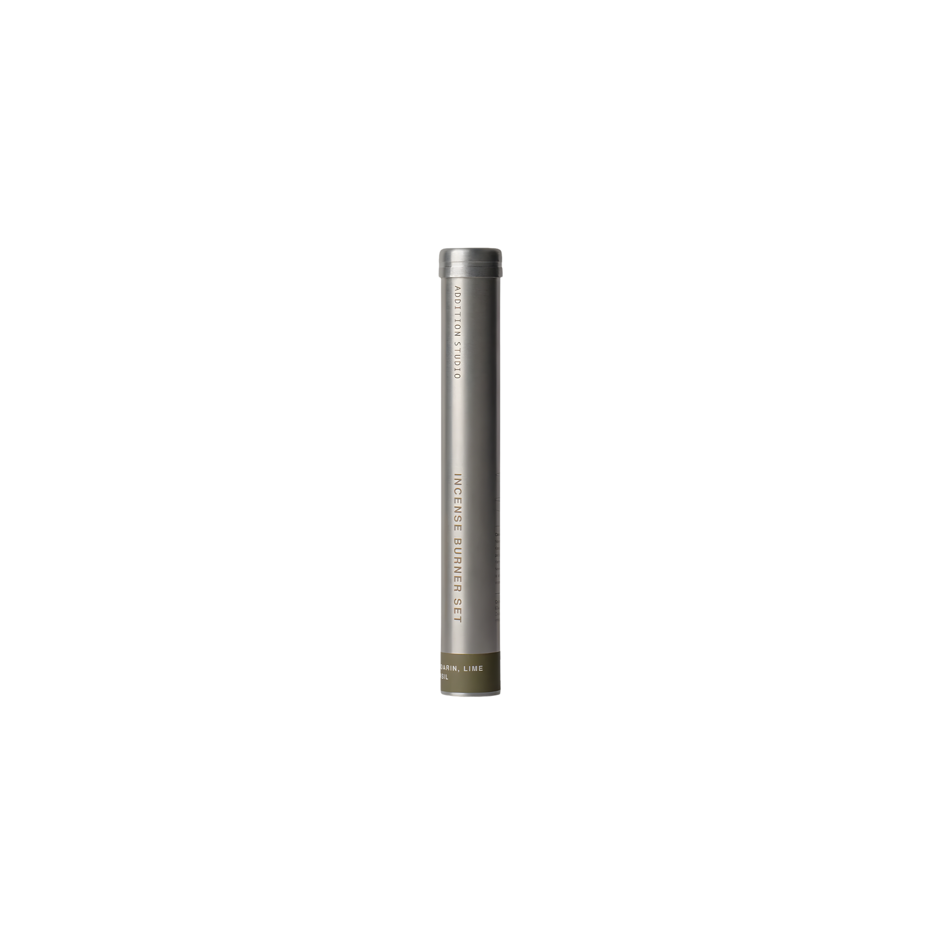 Aluminum tube of the Addition Studio Incense Set Mandarin, Lime & Basil (with Holder): 15 incense sticks with holder. A blend of mandarin, sandalwood, lime, basil, and aniseed essential oils.