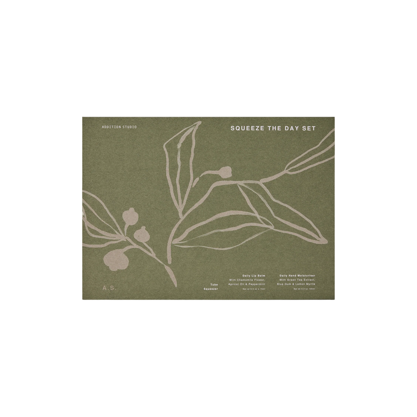 Box packaging of the Addition Studio Squeeze the Day Set that Includes Hand Moisturiser (100ml) and Lip Balm (15ml) with plant-based formulas and 100% natural essential oils. Features aluminium tubes with a zinc alloy tube squeezer.