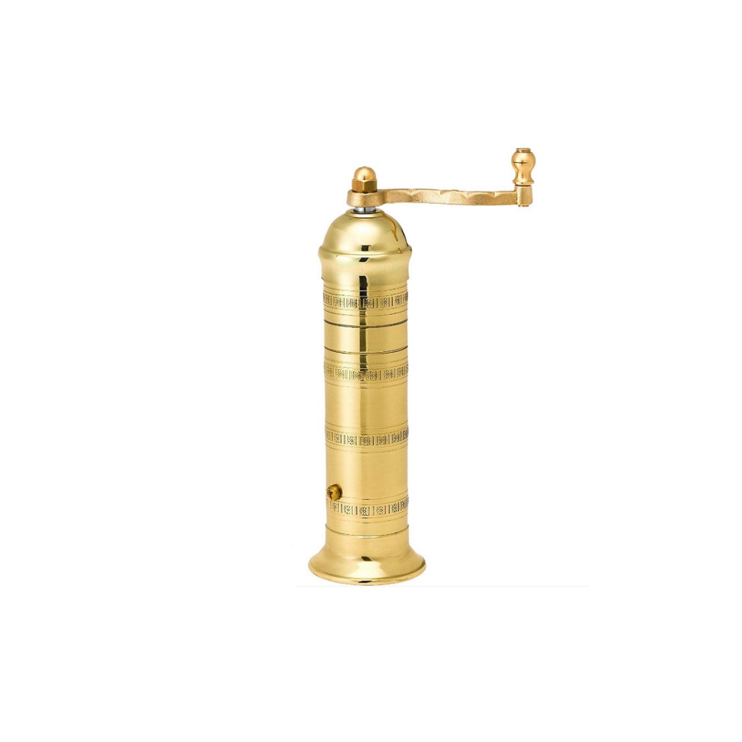 Alexander Mills Brass Pepper Mill, 8 inches tall, 3DCut metal grinding system, adjustable coarse-fine, handcrafted Greek, durable polished body, easy-grind long arm, ideal for pepper seasoning, kitchen tool, flavor-maximizing mill.