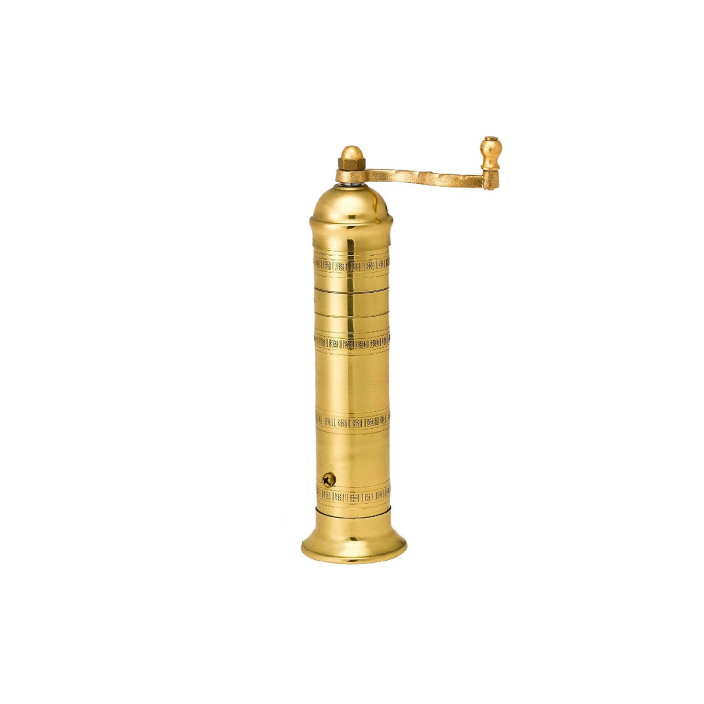 Alexander Mills Brass Pepper Mill #104 - Brass, 230mm / 9" tall, 3DCut metal grinding system, adjustable coarse-fine, handcrafted Greek, durable polished body, easy-grind long arm, open-bottom flanged base, ideal for pepper seasoning, kitchen tool, flavor-maximizing grinder.