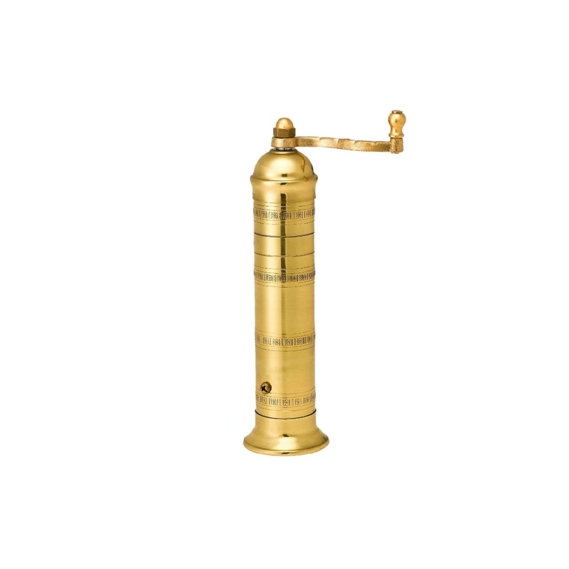 Alexander Mills Brass Pepper Mill #104 - Brass, 230mm / 9" tall, 3DCut metal grinding system, adjustable coarse-fine, handcrafted Greek, durable polished body, easy-grind long arm, open-bottom flanged base, ideal for pepper seasoning, kitchen tool, flavor-maximizing grinder.