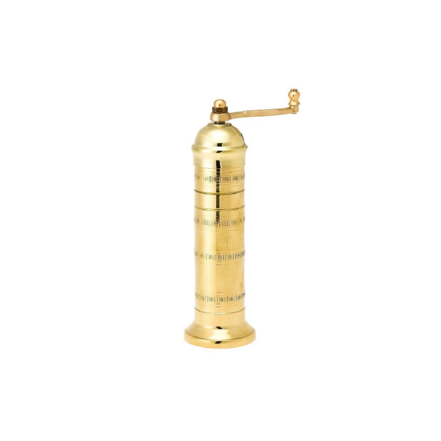 Alexander Mills Brass Salt Mill #108 - Brass, 205mm / 8" tall, 3DCut food-safe plastic (40% glass) grinding system, stainless-steel shaft, adjustable fast salt grinding, handcrafted Greek, durable polished body, easy-grind long arm, open-bottom flanged base, kitchen tool, flavor-maximizing mill.