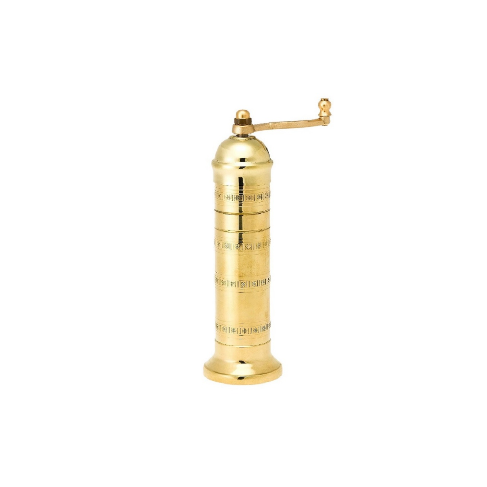 Alexander Mills Brass Salt Mill #108 - Brass, 205mm / 8" tall, 3DCut food-safe plastic (40% glass) grinding system, stainless-steel shaft, adjustable fast salt grinding, handcrafted Greek, durable polished body, easy-grind long arm, open-bottom flanged base, kitchen tool, flavor-maximizing mill.